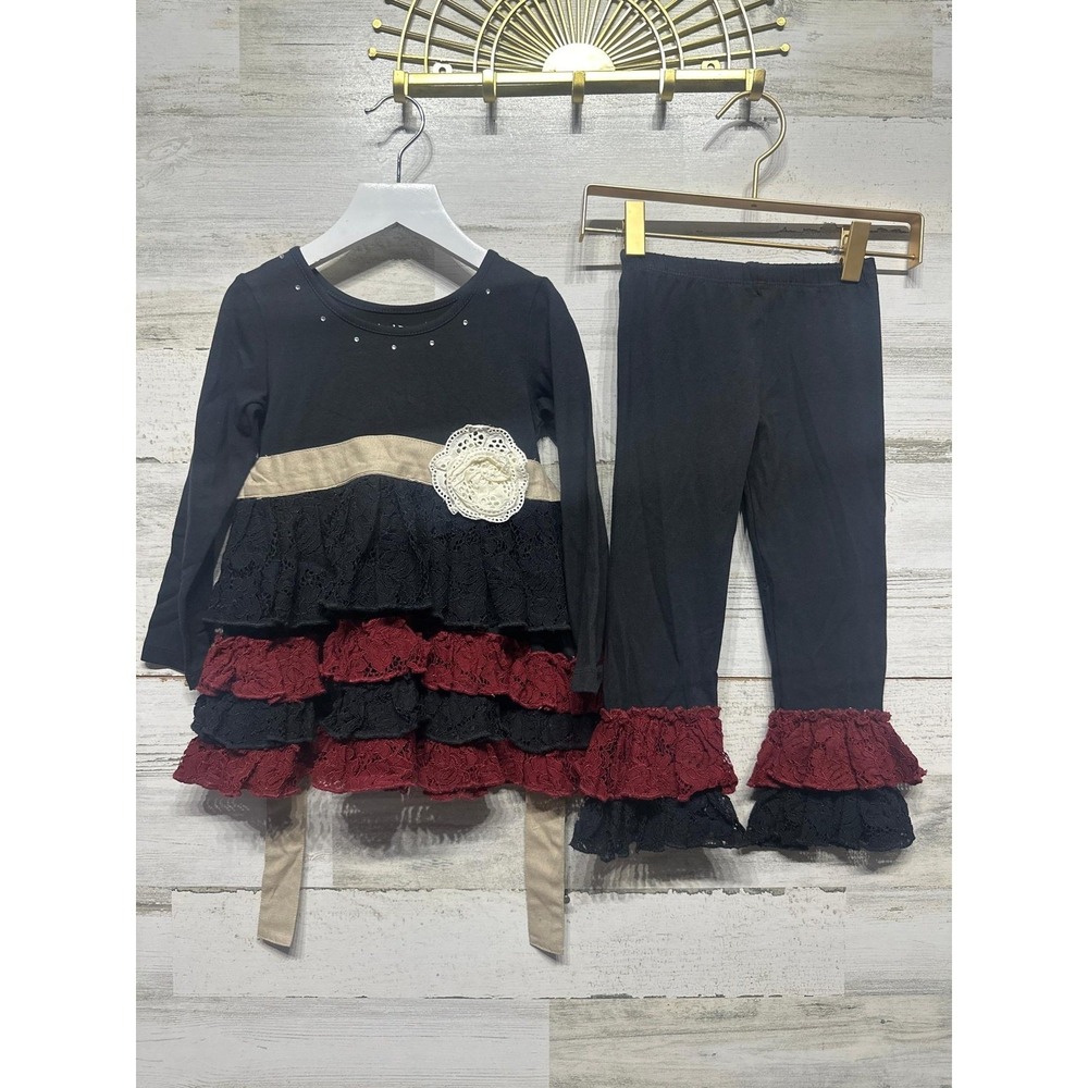 Mustard Pie Tunic Legging Set Girls 2T Black Burgundy Lace Ruffle NWOT